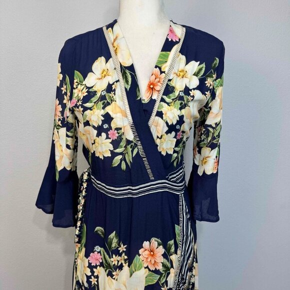 Farm Rio Anthropologie Midnight‎ Flower Wrap Dress 3/4 Sleeves Blue SP - Picture 4 of 16